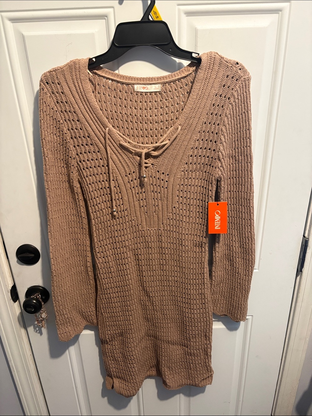 Taupe Open-Knit Tie-Neck Midi Dress